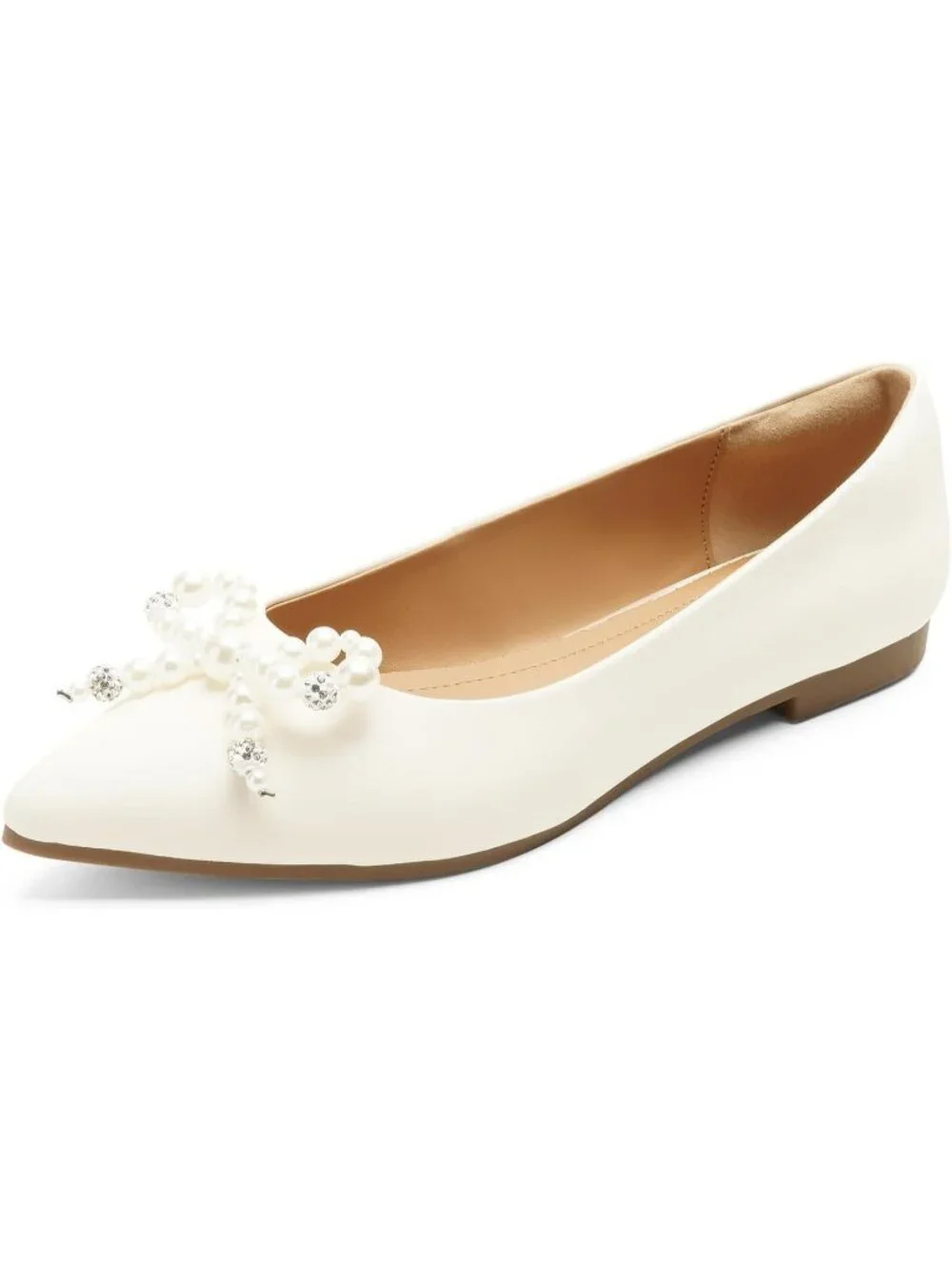 FUNKYMONKEY Women's Pearl White Faux Leather Pointed Toe Slip On Ballet Flats
